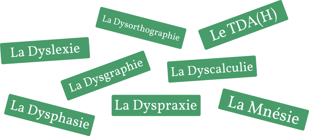 Etiquettes vertes : Dysgraphie, Dyspraxie, Dyscalculie, Dysorthographie