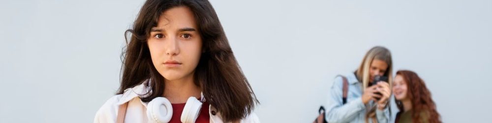 Jeune fille regardant vers la caméra avec d’autres élèves en arrière-plan
